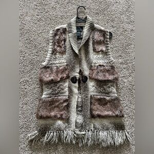 Cynthia Rowley Textured Knit Sleeveless Vest in Cream and Brown with Fur XL